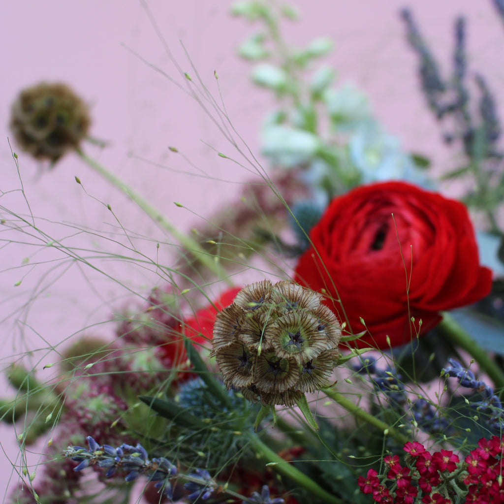 The Notebook (Wild and wondrous is the theme with this one in blues and reds with grasses, thistle, ranunculus, dried lavender and snapdragons. Not a rose in sight!)