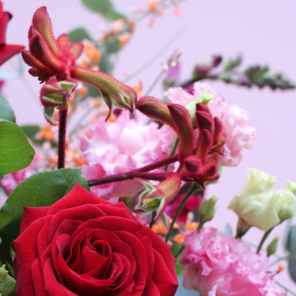 Love Actually (A combination of reds, oranges and pinks including roses, kangaroo paw, lisianthus and snapdragons)