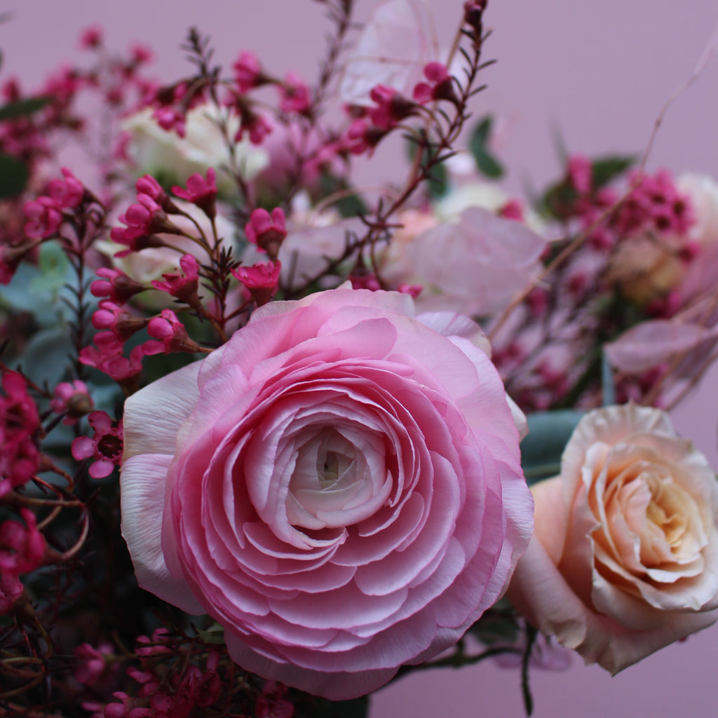 Pretty In Pink (A super pretty bouquet in all pinks including honesty, ranunculus, roses and waxflower) (Copy)