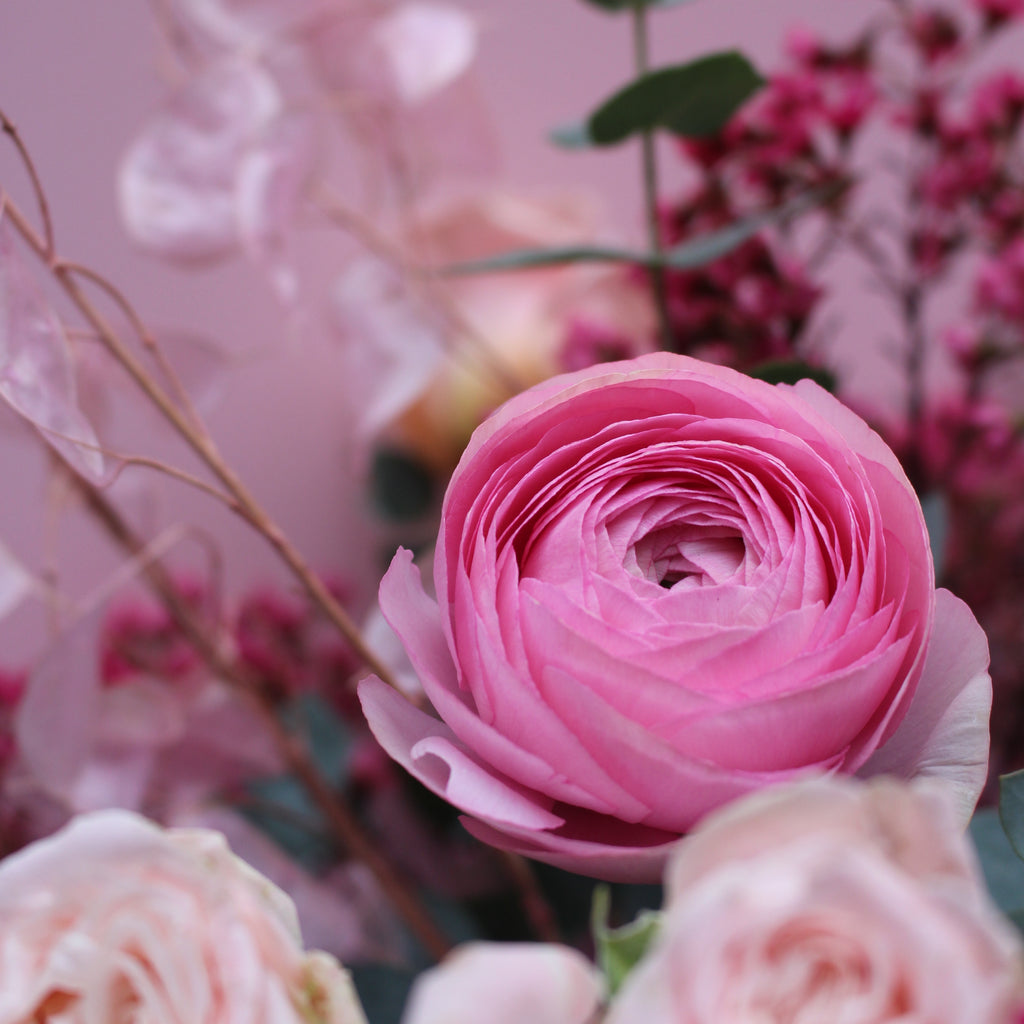 Pretty In Pink (A super pretty bouquet in all pinks including honesty, ranunculus, roses and waxflower) (Copy)