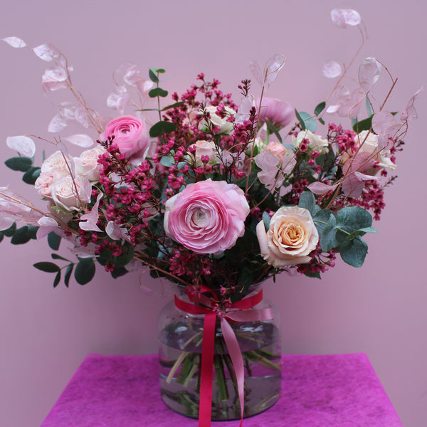 Pretty In Pink (A super pretty bouquet in all pinks including honesty, ranunculus, roses and waxflower) (Copy)