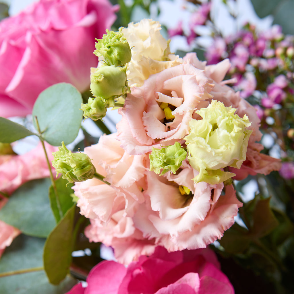 Pretty In Pink (A super pretty bouquet in all pinks including snapdragon,  lisianthus, hydrangea, roses and waxflower)