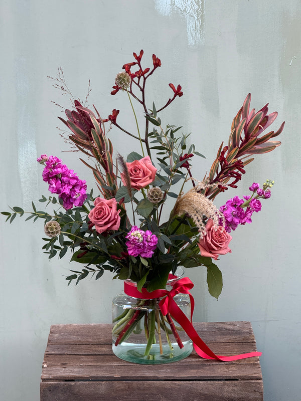 The Devil Wears Prada (A dark and luxurious bouquet with roses, scabious, leucadendron, kangaroo paw, scented stocks and grasses)