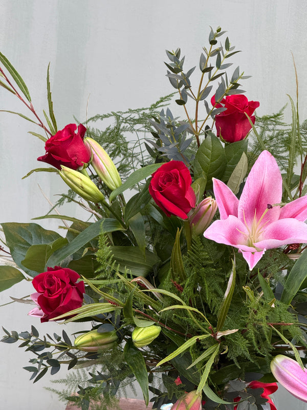 Northern Flower House — Red (Pink lilies / Red roses / Eucalyptus / Asparagus Fern)