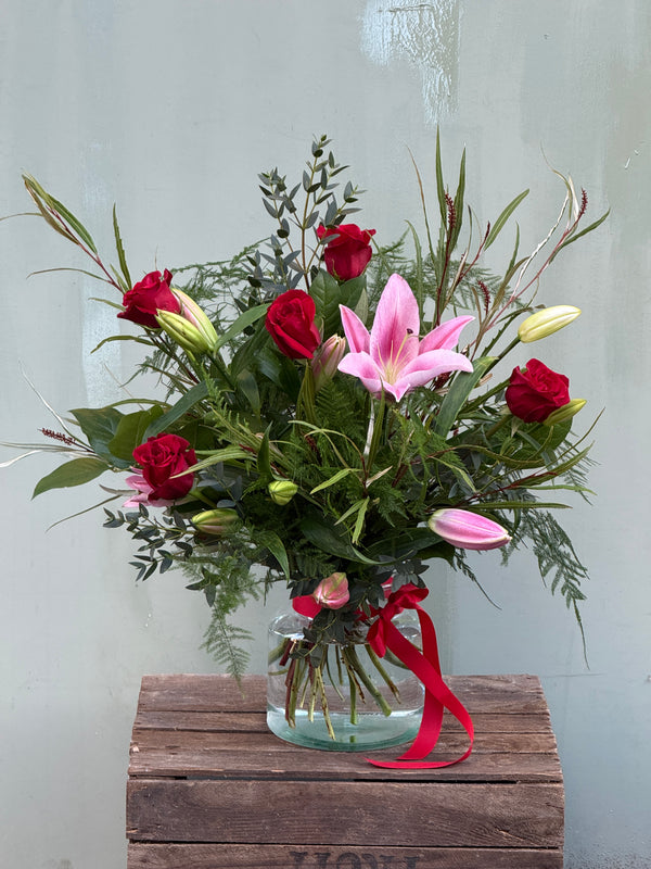 Northern Flower House — Red (Pink lilies / Red roses / Eucalyptus / Asparagus Fern)