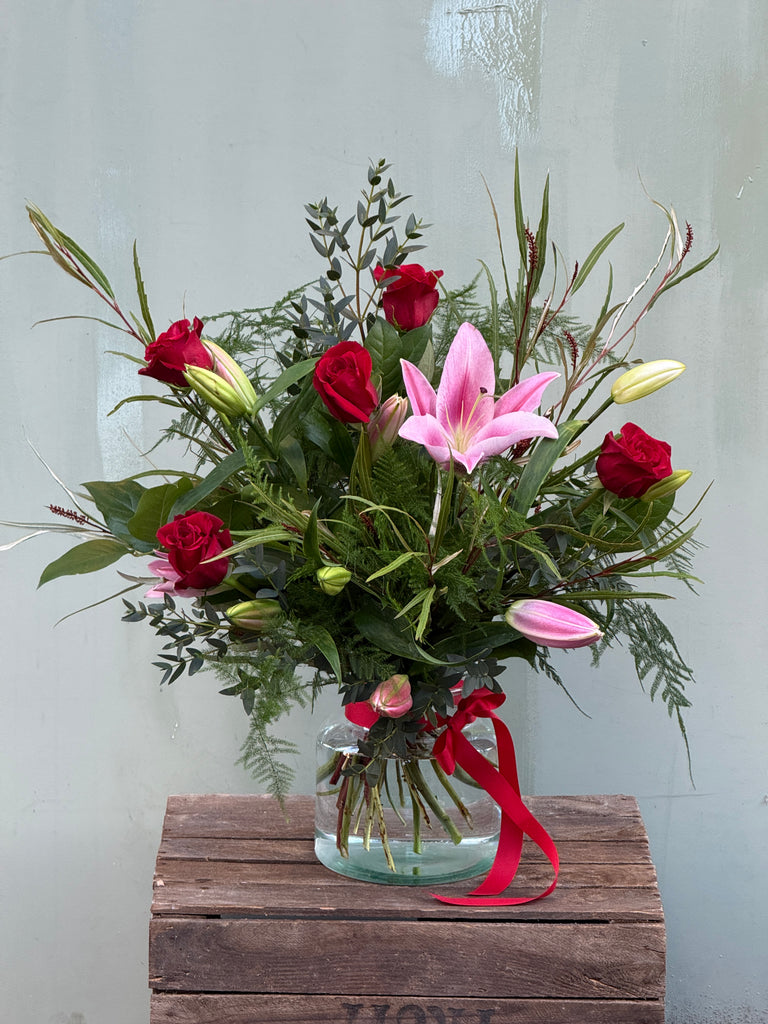 Northern Flower House — Red (Pink lilies / Red roses / Eucalyptus / Asparagus Fern)