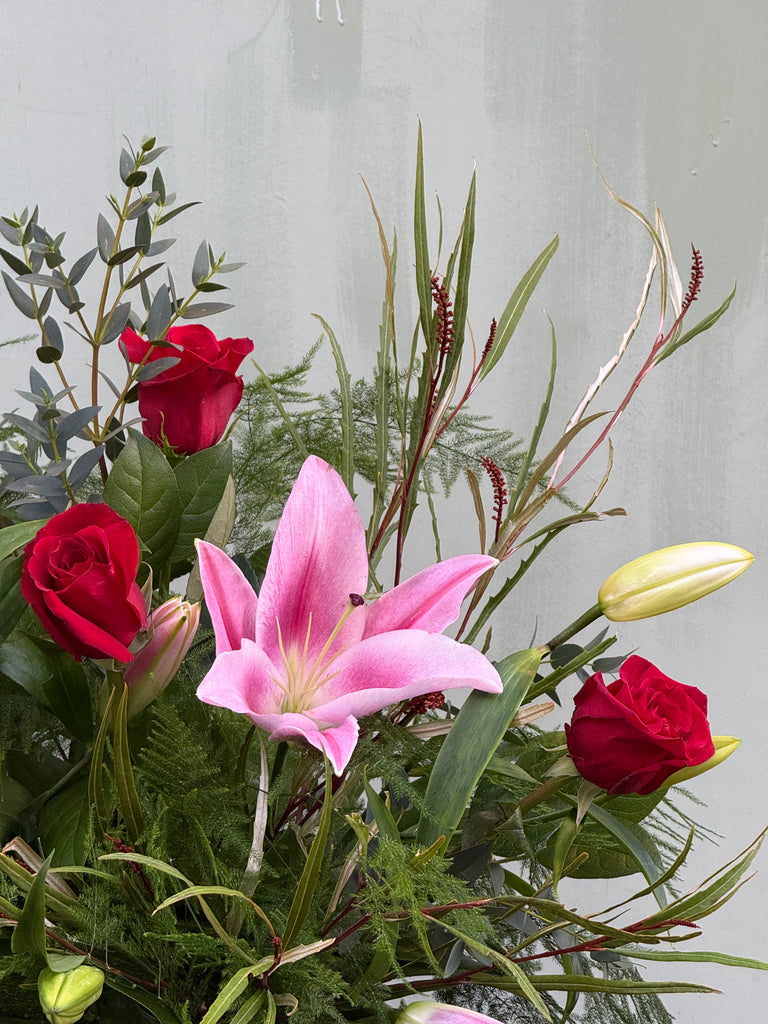 Northern Flower House — Red (Pink lilies / Red roses / Eucalyptus / Asparagus Fern)