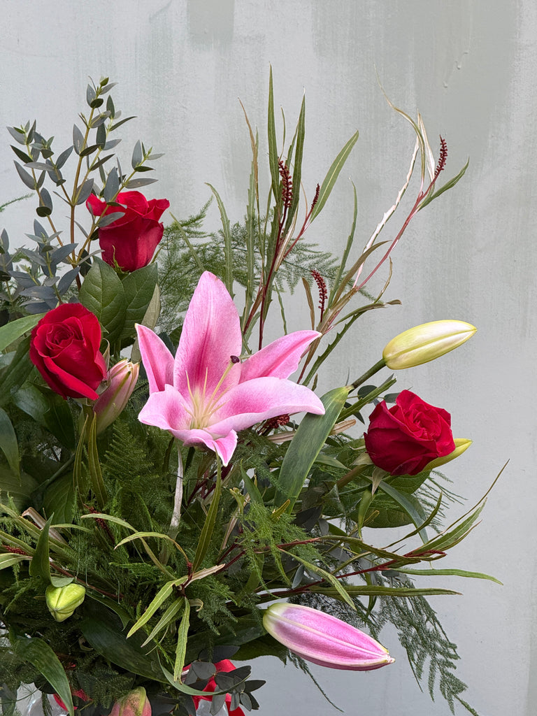 Northern Flower House — Red (Pink lilies / Red roses / Eucalyptus / Asparagus Fern)