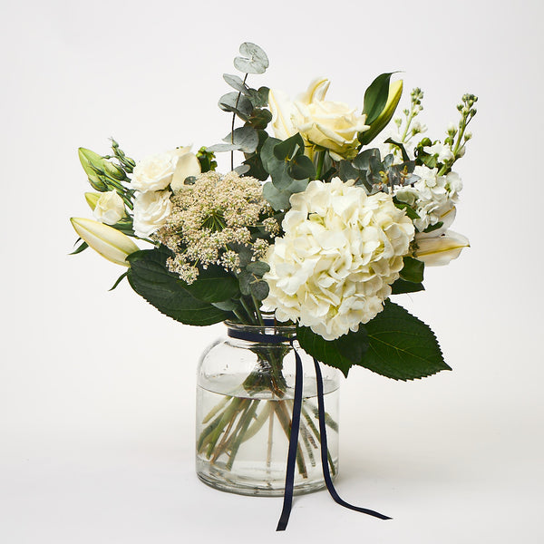 Our Emmeline (White hydrangea / Dill / Stocks / Roses / Lilies / Lisianthus / Eucalyptus)